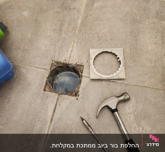 פתח ניקוז פתוח עם פטיש ומברג על הרצפה